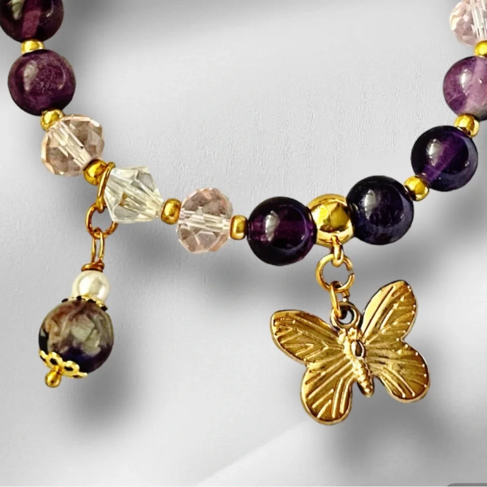 Handmade Bracelet with Beads and Crystals – Gold Butterfly Charm